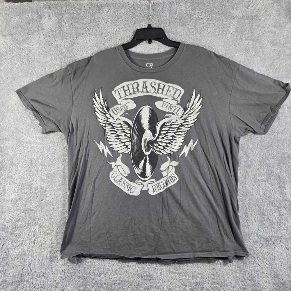 OP Ocean Pacific Thrashed Used Vinyl Records Graphic T-Shirt Gray Mens 2XL